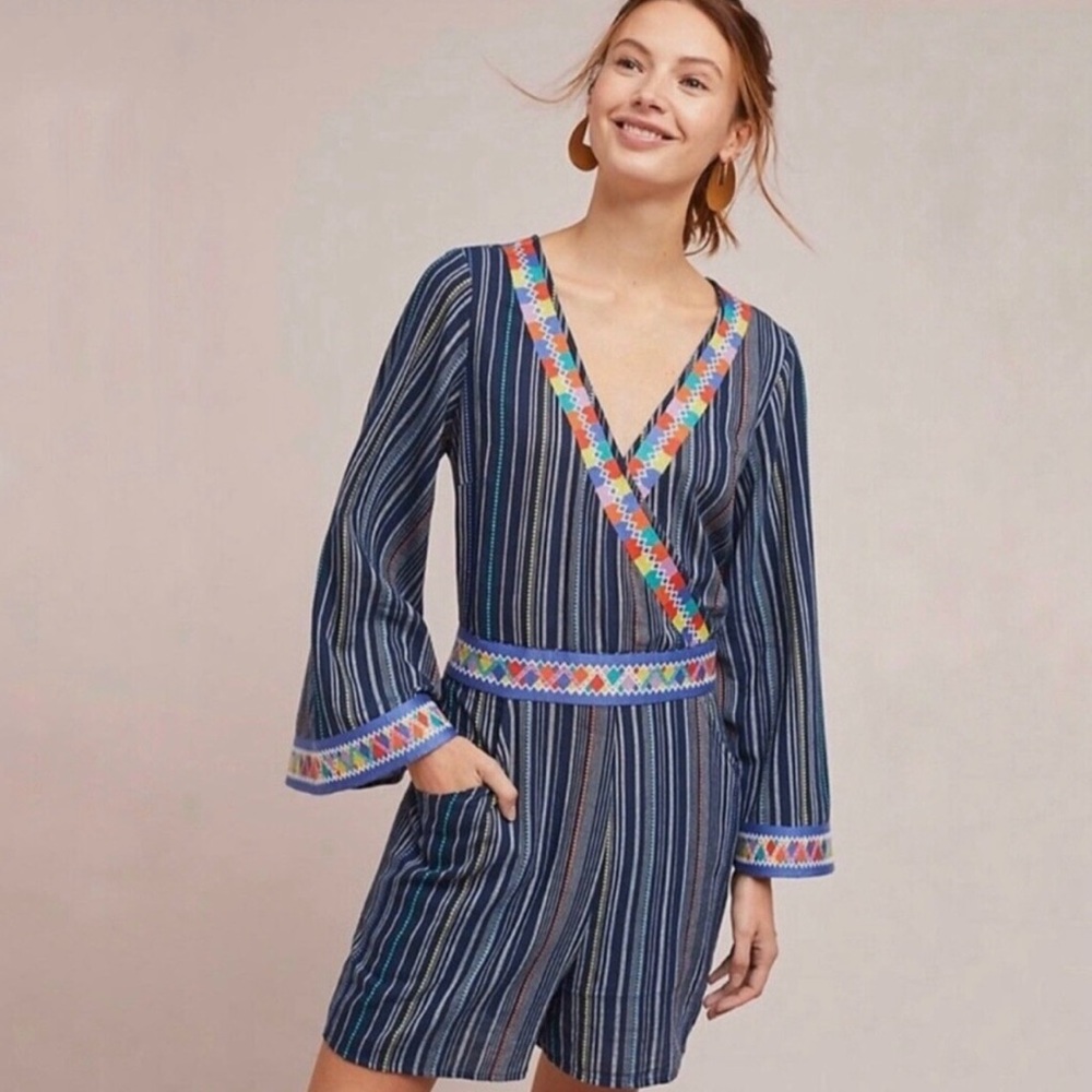 Anthropologie Laia Striped V-Neck Romper with Colorful Trim NWT
